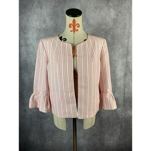 Nine West Womens Striped Flounce Sleeve Jacket Coral Pink White Sz L Open Front